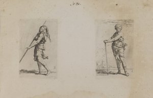 (Figuurisarja) Mies, jolla on höyhenpäähattu, sivukuvaus tekijältä Salvator Rosa