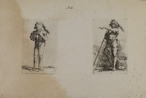 (Figuurisarja) Vanha mies, jolla on höyhenpäähattu, kädet levossa tekijältä Salvator Rosa