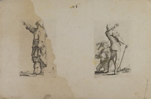 (Figuurisarja) Seisova mies, jolla on pitkä hattu, osoittaen tekijältä Salvator Rosa