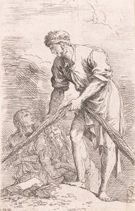 Mies vetää verkkoa, takanaan kaksi hahmoa, sarjasta "Figurine", n. ..., n. 1656-1657. tekijältä Salvator Rosa