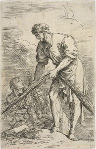 Mies vetää verkkoa, takanaan kaksi hahmoa, Figurine-sarjasta tekijältä Salvator Rosa