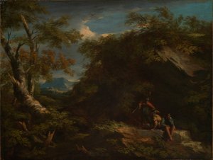 Vuoristoinen metsämaisema lepäävine sotureineen tekijältä Salvator Rosa
