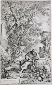 Demokritos meditaatiossa (kaiverrus) tekijältä Salvator Rosa