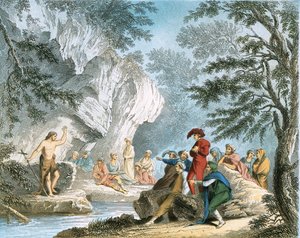Johannes Kastaja saarnaa erämaassa tekijältä Salvator Rosa