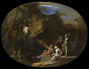 Maisema, jossa on aseistettuja miehiä tekijältä Salvator Rosa