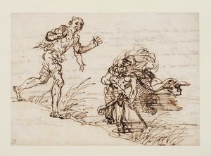Merkurius ja epärehellinen puumies (etusivu), noin 1655-1659 (kynä ja ruskea tussi lyötyyn paperiin). tekijältä Salvator Rosa