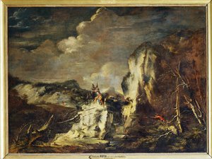 Kalliomaisema, jossa on metsästäjä ja sotureita - Kallioinen ... tekijältä Salvator Rosa