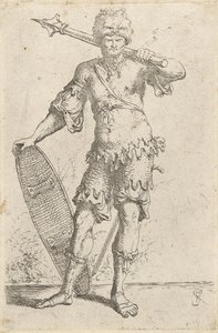 Seisova eksoottinen soturi, jolla on leijonapäähattu, kädessään nukka ja kilpi, n. 1656-57 (etsaus paperille) tekijältä Salvator Rosa
