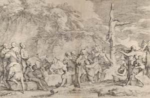 Tyrannin Polycratesin ristiinnaulitseminen persialaisten vangitsemisen jälkeen, n. 1662. tekijältä Salvator Rosa