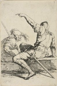 Kaksi soturia istuvat matalalla kalliolla tekijältä Salvator Rosa