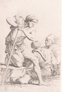 Kaksi miestä istuu ja toinen mies pitelee sauvaa polvillaan kivellä, seri..., n. 1656-1657. tekijältä Salvator Rosa
