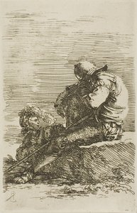 Kaksi soturia, joista toinen istuu unessa etualalla olevalla kalliolla, sarjasta Figuuri tekijältä Salvator Rosa