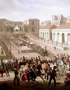 Napolin ja Porticin välisen rautatien vihkiminen vuonna 1839 kuningas Ferdinand II:n läsnäollessa (Napolin ja Porticin välisen rautatien avajaiset vuonna 1839) Yksityiskohta - Salvatore Fergolan (1799-1877) maalaus Museo Nazionale di San Martino Nap