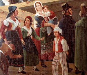 Perinteiset napolilaiset puvut: tavalliset ihmiset Yksityiskohta Salvatore Fergolan (1799-1877) maalauksesta 1859 San Martinon kansallismuseo Napoli