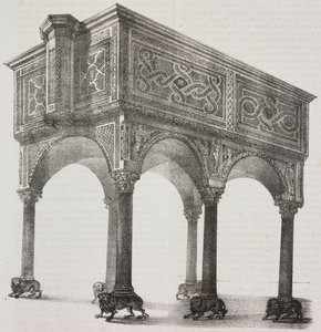 Muinainen ambo Sessa Auruncan katedraalissa, Campaniassa, Italiassa, Salvatore Puglian litografia Pasquale Mattein (1813-1879) piirustuksen jälkeen Poliorama Pittorescosta, n:o 43, 31. toukokuuta tekijältä Salvatore Puglia
