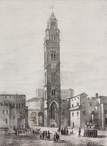 Gaetan katedraalin kellotorni, Lazio, Italia, Salvatore Puglian litografia Pasquale Mattein (1813-1879) piirtämänä, Poliorama Pittoresco, n:o 48, 6. heinäkuuta tekijältä Salvatore Puglia