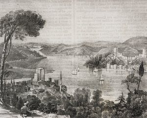 Bosporinsalmen linnat Aasian ja Euroopan rannikolla, Turkki, Gaetano Riccion litografia Poliorama Pittorescosta, n:o 18, 9. joulukuuta tekijältä Salvatore Puglia