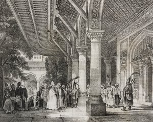 Hall de entrada de Serraglio, Turquia, do harém de histórias no leste, litografia de Poliorama Pittoresco, n 12, 28 de outubro finlandês tekijältä Salvatore Puglia