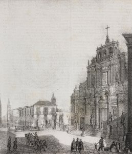 San Sebastianon basilikan julkisivu Acirealessa, Sisiliassa, Italiassa, Salvatore Puglian litografia Poliorama Pittorescosta, n:o 39, 3. toukokuuta tekijältä Salvatore Puglia