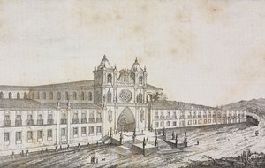Alcobacan luostarin julkisivu, Portugali, Salvatore Puglian litografia Poliorama Pittorescosta, n:o 50, 19. heinäkuuta tekijältä Salvatore Puglia