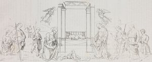 Fontignano Syntymä, Paimenten palvonta, Salvatore Puglian litografia Pietro Peruginon (noin 1450-1523) maalauksen jälkeen Poliorama Pittorescosta, n:o 42, 24. toukokuuta tekijältä Salvatore Puglia