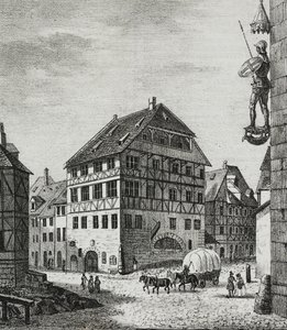 Albrecht Durerin (1471-1528) talo Nürnbergissä, Saksassa, Salvatore Puglian litografia Poliorama Pittorescosta, n:o 31, 12. maaliskuuta