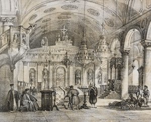 Kreikkalaisen Balouklin kirkon sisätilat lähellä Konstantinopolia, Turkki, Salvatore Puglian litografia Poliorama Pittorescosta, n:o 28, 15. helmikuuta tekijältä Salvatore Puglia