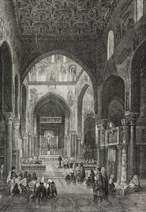 Palatine-kappelin sisustus Palazzo dei Normannissa tai kuninkaallinen palatsi Palermossa, Sisiliassa, Italiassa, Salvatore Puglian litografia Poliorama Pittorescosta, n:o 41, 21. toukokuuta tekijältä Salvatore Puglia