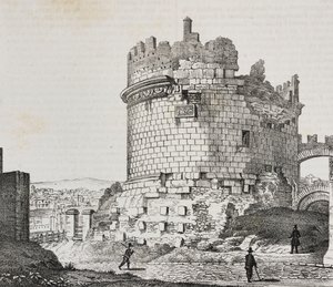 Cecilia Metellan mausoleumi Via Appialla, Rooma, Lazio, Italia, Salvatore Puglian litografia Poliorama Pittorescosta, n:o 20, 21. joulukuuta tekijältä Salvatore Puglia
