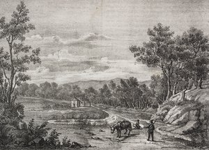 Mineraalivesilähteet Acerran metsässä, Campania, Italia, Salvatore Puglian litografia Poliorama Pittorescosta, n:o 5, 7. syyskuuta tekijältä Salvatore Puglia