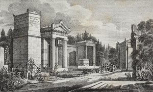 Pere-Lachaisen hautausmaa, Pariisi, Ranska, Salvatore Puglian litografia Poliorama Pittorescosta, n:o 19, 17. joulukuuta tekijältä Salvatore Puglia