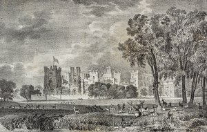 Raby Castle, Durham, Englanti, Iso-Britannia, Salvatore Puglian litografia Poliorama Pittorescosta, n:o 42, 27. toukokuuta tekijältä Salvatore Puglia