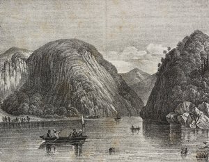 Rogersin kulku Lake Georgessa, Yhdysvalloissa, Salvatore Puglian litografia Poliorama Pittorescosta, n:o 33, 25. maaliskuuta tekijältä Salvatore Puglia