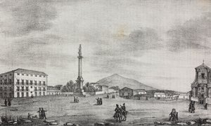 Patsaiden aukio Cataniassa, Sisiliassa, Italiassa, Salvatore Puglian litografia Poliorama Pittorescosta, n:o 15, 19. marraskuuta tekijältä Salvatore Puglia