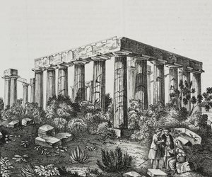 Apollon temppeli Panellenius-vuorella, Kreikka, Salvatore Puglian litografia Poliorama Pittorescosta, n:o 40, 14. toukokuuta tekijältä Salvatore Puglia