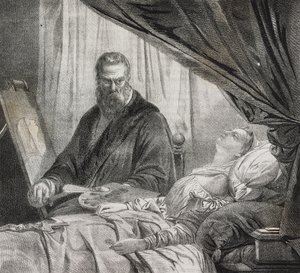 Tintoretto maalaa kuolleen tyttärensä, Salvatore Puglian litografia Poliorama Pittorescosta, n:o 27, 10. helmikuuta tekijältä Salvatore Puglia