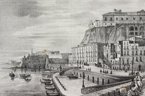 Näkymä Borgo Santa Luciasta, Napolista, Campaniasta, Italiasta, Salvatore Puglian litografia Poliorama Pittorescosta, n:o 36, 15. huhtikuuta tekijältä Salvatore Puglia