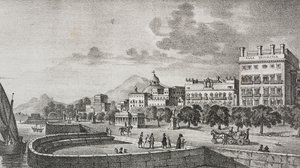 Vista do fórum Bourbon e hotel Trinacria, Palermo, Sicília, Itália, litografia de Salvatore Puglia após gravura de Di Giovanni de Poliorama Pittoresco, n 37, 19 de abril finlandês tekijältä Salvatore Puglia