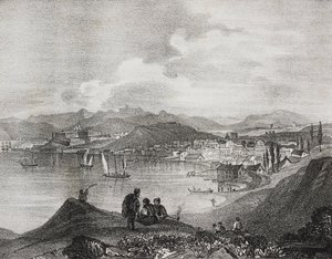 Näkymä Korfulle Mount Olivetolta, Jooniansaaret, Kreikka, Salvatore Puglian litografia Poliorama Pittorescosta, n:o 25, 25. tammikuuta tekijältä Salvatore Puglia