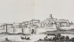 Näkymä Crotonesta, Calabria, Italia, Salvatore Puglian litografia Poliorama Pittorescosta, n:o 12, 26. lokakuuta tekijältä Salvatore Puglia