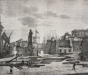Vista da doca de Livorno, Toscana, Itália, litografia de Salvatore Puglia de Poliorama Pittoresco, n 38, 26 de abril finlandês tekijältä Salvatore Puglia