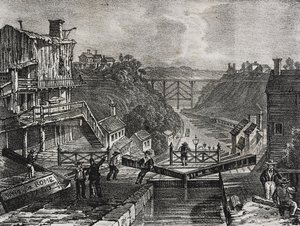 Näkymä Lockportista, New Yorkin osavaltiossa, Yhdysvalloissa, Salvatore Puglian litografia Poliorama Pittorescosta, n:o 1, 10. elokuuta tekijältä Salvatore Puglia