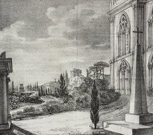 Näkymä goottilaisen luostarin hautausmaalle, Napoli, Campania, Italia, Salvatore Puglian litografia Poliorama Pittorescosta, n:o 34, 1. huhtikuuta tekijältä Salvatore Puglia