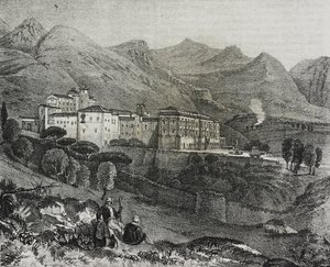 Näkymä San Martino delle Scalen luostarista lähellä Palermoa, Sisilia, Italia, Salvatore Puglian litografia Poliorama Pittorescosta, n:o 47, 2. heinäkuuta tekijältä Salvatore Puglia