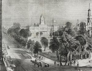 Vista do parque e da prefeitura de Nova York, Estados Unidos da América, litografia de Salvatore Puglia de Poliorama Pittoresco, n 24, 22 de janeiro finlandês tekijältä Salvatore Puglia