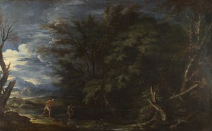Maisema Merkuriuksen ja epärehellisen metsämiehen kanssa, noin 1663.