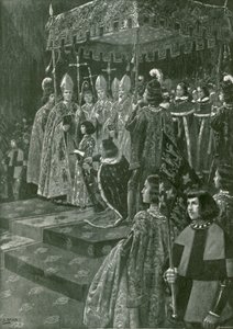 Kannusten ja miekan luovuttaminen Henrik VI:n kruunajaisissa (litografia)