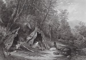 Australia: Native Encampment (kaiverrus). tekijältä Samuel (after) Prout