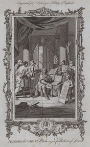 Alfred Suuri laatimassa lakikokoelmaa (kaiverrus) tekijältä Samuel (after) Wale