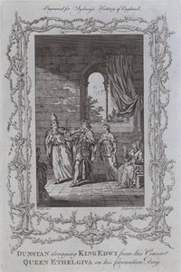 Dunstan vetää kuningas Edwyn puolisostaan, kuningatar Ethelgivasta, hänen kruunauspäivänä (kaiverrus) tekijältä Samuel (after) Wale